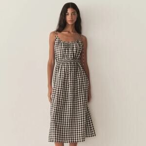 NWT Doen Leslie Linen Tie Strap A Line Midi Dress Marilyn Gingham Black White
